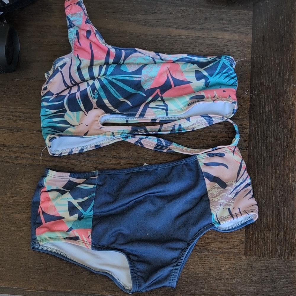 Kids Tropical Print Bikini Set - Blue and Pink